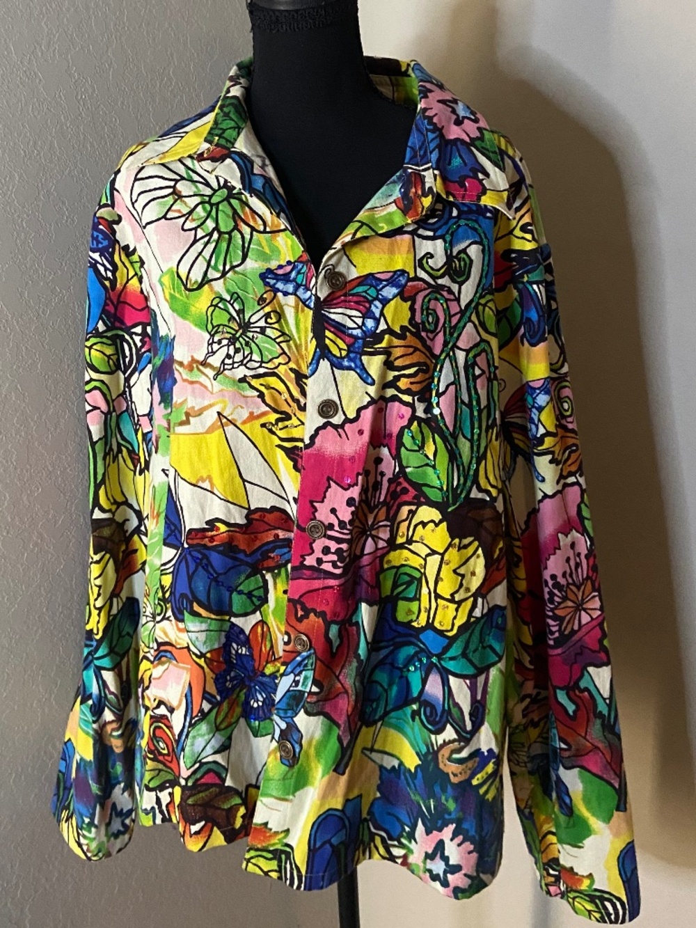 Gaudy Couture Butterfly Stained Glass Floral Colorful Cotton Canvas Jacket 1X